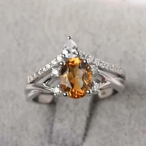 925 Sterling Silver Lab-Created Citrine Women Engagement Wedding Ring Pear Cut - Picture 1 of 5