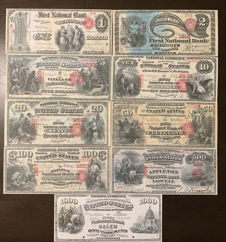 Reproduction Full Set 1875 Series National Banknotes $1-$1000 See Description Cover