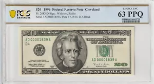 $20 1996 FRN Fr# 2083-D ADA Block PCGS Gem UNC 63 PPQ Cleveland Low Serial # - Picture 1 of 2