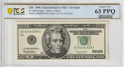 $20 1996 FRN Fr# 2083-D ADA Block PCGS Gem UNC 63 PPQ Cleveland Low Serial # - Image 1 of 2