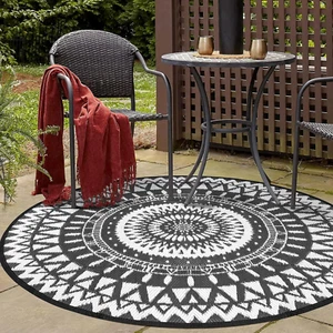 NUU GARDEN round Outdoor Rug for Patios Plaid Reversible Patio Rug, Plastic - Picture 1 of 12