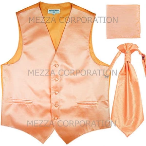 New Men Tuxedo Vest Horizontal Stripes Ascot Cravat Hankie formal wedding Peach - Picture 1 of 3