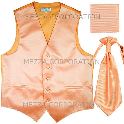 New Men Tuxedo Vest Horizontal Stripes Ascot Cravat Hankie formal wedding Peach - Image 1 of 3