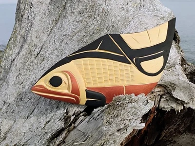 Auténtico SALMÓN de madera tallado a mano indígena nativo americano costa noroeste Foto 1 de 4