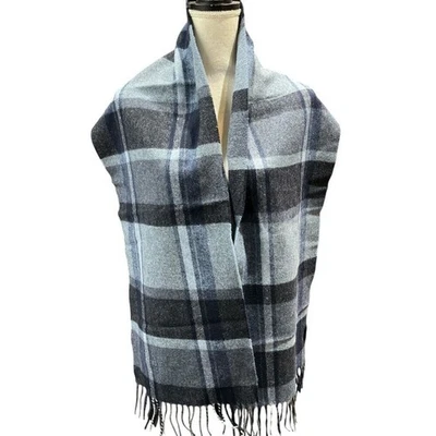 Bufanda italiana de lana de cordero azul a cuadros flecos dinero antiguo preppy clásico invierno Foto 1 de 4