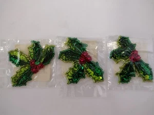 Christmas Holly & Berries Sequin Sew On Craft Applique 2.5" NEW 3 - Picture 1 of 3