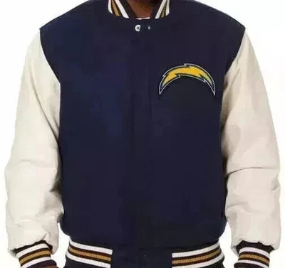 Chaqueta Universitaria Los Angeles Chargers Azul Marino/Blanco Lana y Cuero Abrigo Bombardero Foto 1 de 4