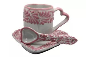Talavera Herz Kaffeetasse, Teller und Löffel handbemalt 10 Unzen - Bild 1 von 8