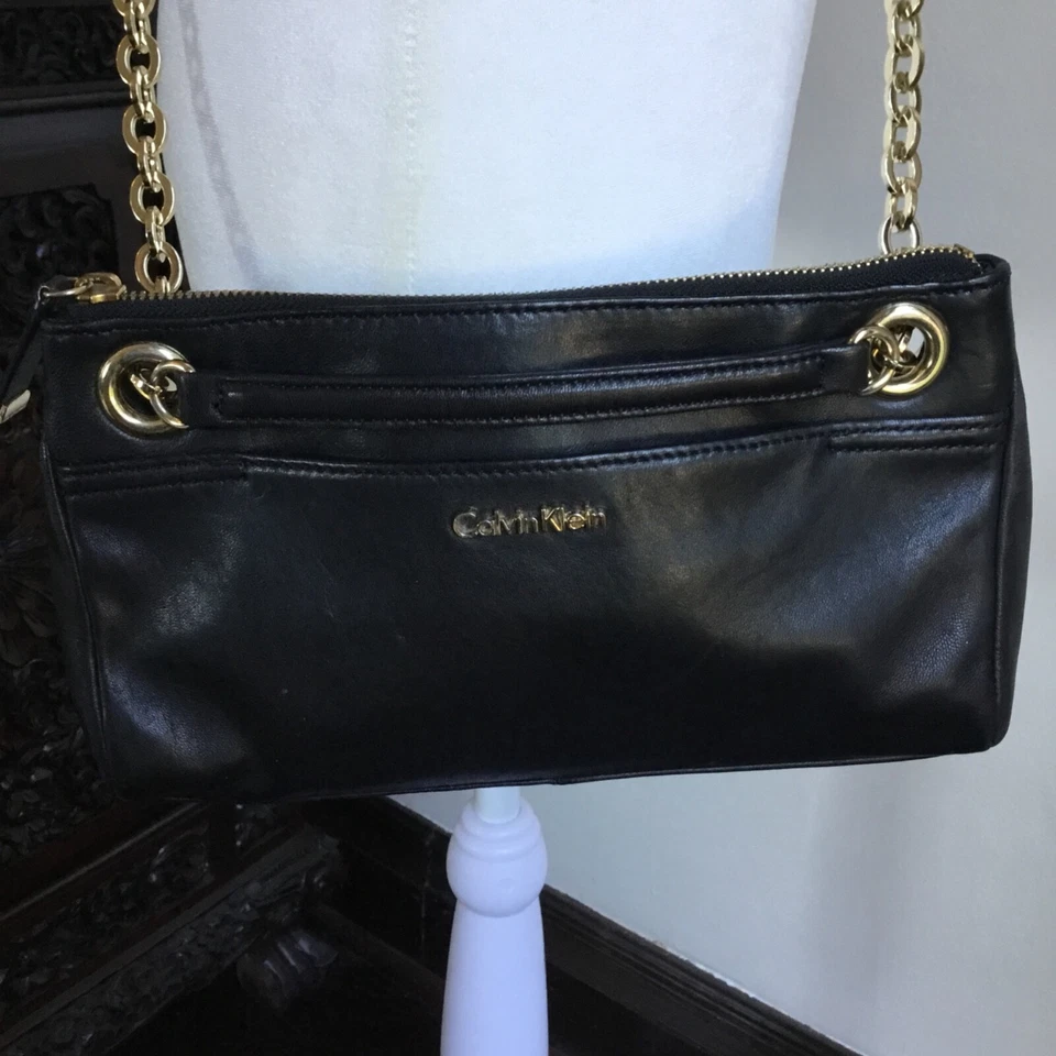 CALVIN KLEIN Bandolera Bolso de Hombro Cartera Cuero Negro Cadena Dorada Foto 1 de 4