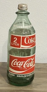 Vintage Coca Cola Green Glass 2 Liter Bottle with Cap 67.6 oz 1970s - Picture 1 of 5