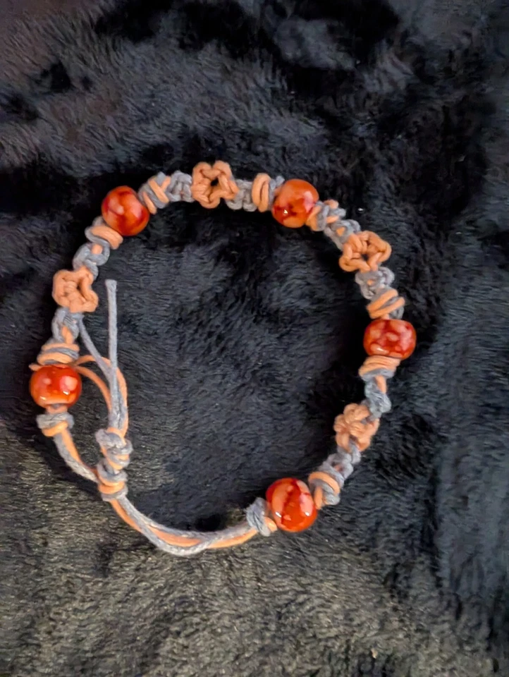 Hemp 7 1/2" - 9" Adjustable Bracelet Orange & Grey Flower  - Image 1 of 1