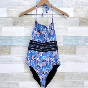 H&M Watercolor Floral Lattice Trim One Piece Swimsuit Blue Tie Neck Womens 10 - Picture 1 of 5