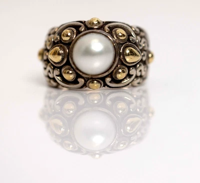 Anillo de perlas Mabe de plata esterlina y oro amarillo de 18 quilates de diseñador John Hardy, talla 6,5 Foto 1 de 4