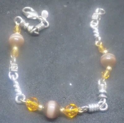 Faux tiger eye Beaded Bracelet with Silver Tone chain hardware 7.5" (371) - Image 1 of 3