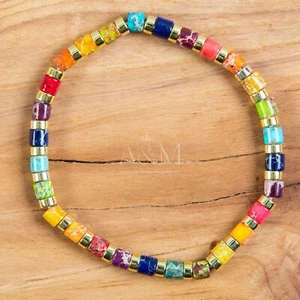 Pulsera étnica multicolor elástica delicada regalo de cumpleaños piedra natural jaspe - Imagen 1 de 2
