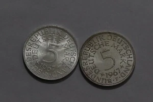 🧭 🇩🇪 GERMANY FEDERAL 5 MARK 1967 D + 1967 F BOTH SILVER B79 #20 HHH21 - Picture 1 of 2