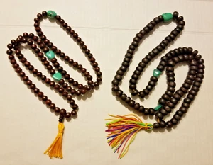 Two Vintage Wood and Turquoise Buddhist Tibetan Mala Prayer Bead Necklace - Picture 1 of 7