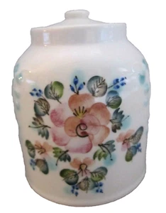 pottery dresser vanity jar with lid. Flowers. 4.5" tall Villeroy & Boch? Vintage - Picture 1 of 4
