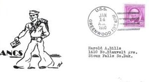 GREENWOOD (DE-679) 14 January 1950 Locy Type 2(n)(B) postmark ANCS Cachet - Picture 1 of 1
