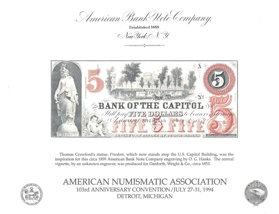 1994 American Numismatic Association (ANA) Detroit, MI $5 ABNC Souvenir Card - Image 1 of 1