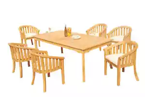 7-Piece Outdoor Teak Dining Patio Set: 60" Rectangle Table, 6 Arm Chairs Leno - Picture 1 of 5