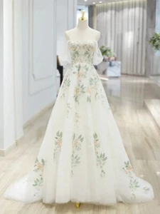 Princesa Línea A Vestidos de Novia Apliques Florales Encaje Vestidos de Novia Bata Mariee - Imagen 1 de 7