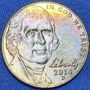 2014-D Jefferson Nickel  Beautiful Lustrous Dark/Rainbow Toned Coin #2 - Picture 1 of 11