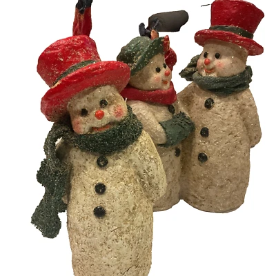 3 Subby Primitivo Papel Maché Envuelto Muñeco de Nieve Familia Mamá Papá e Hijo Navidad Foto 1 de 4