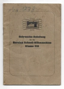 BERNINA 216 Switzerland Sewing Machine Instruction Manual German 40's - Picture 1 of 9