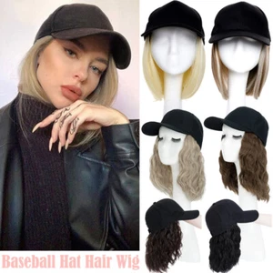 Women Baseball Cap with Balayage Hair Pieces Short Bob Curly Straight Full Wigs - Picture 1 of 40