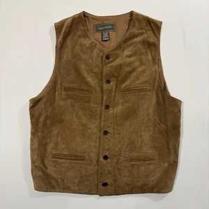 Vintage 90s Banana Republic L Genuine Leather Vest Suede Western Cowboy Utility - Picture 1 of 9