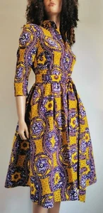 African Unlined Printed Snap Button Mid - Calf Dress - Picture 1 of 6