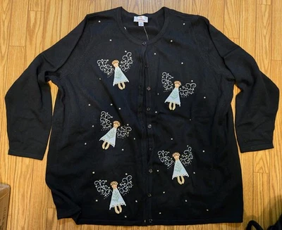 Quacker Factory Women's Plus Cardigan Black Grandma Sweater Angels Sz 2x New - Image 1 of 4