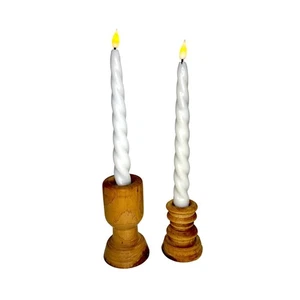 Pair of Hand-Turned Wooden Candle Holders Signed Rustic Modern Decor - Picture 1 of 8