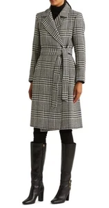 Lauren Ralph Lauren Glen Plaid Wollmischung Wickelgürtel Mantel schwarz/weiß Gr. 6 Neu mit Etikett - Bild 1 von 12