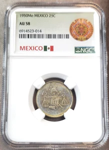 1950 MEXICO SILVER 25 CENTAVOS BALANCE SCALE NGC AU 58 GREAT COLOR TONED - Picture 1 of 3