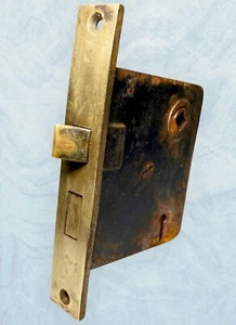 ANTIQUE Cast Iron Mortise Skeleton Key Lock Door BRASS FACE 5.25” b - Picture 1 of 4