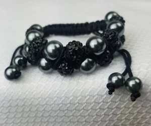 Black Crystal/Black Pearl Pave Ball Bead HQ Women\Men Bracelet Black Cord - Picture 1 of 9