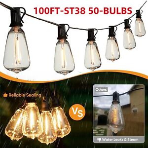 100Ft LED String Lights with 50pcs Shatterproof Bulbs for Outdoor Patio, Garden