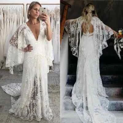 Boho A-Line Wedding Dresses V-Neck Long Sleeves Lace Applique Bridal Gowns Train - Image 1 of 4