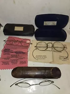 3 Vintage 40s/50s Wireframe Eyeglasses,Small Oval,Round Lens,Silver,Gold,Cases - Picture 1 of 10
