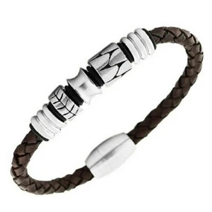 Stainless Steel Brown Leather Silver-Tone Braided Men's Bracelet - Picture 1 of 3