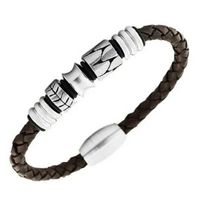 Stainless Steel Brown Leather Silver-Tone Braided Men's Bracelet - Image 1 of 3