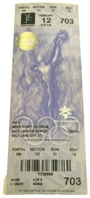 WINTER OLYMPICS~ Salt Lake 2002 FIGURE SKATING: MEN'S SHORT PROGRAM~ Full Ticket - Image 1 of 4