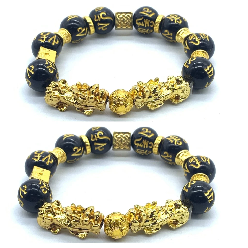 Brazalete Feng Shui Riqueza de la Suerte Pi Xiu Pi Yao 2 piezas Cuentas Negras Obsidiana Dorado Foto 1 de 4