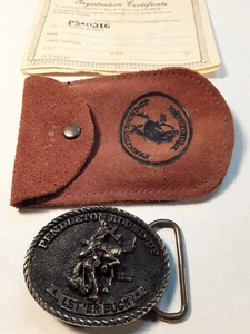 Vintage Pendleton Round-up Belt Buckle "Let'er Buck" 1978 Sold Brass with Pouch - Picture 1 of 10