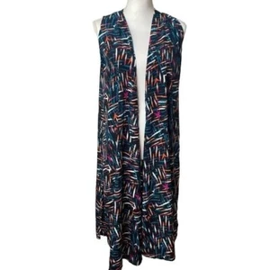 LulaRoe ladies kimono vest long midi sleeveless black multicolored size small S - Picture 1 of 8