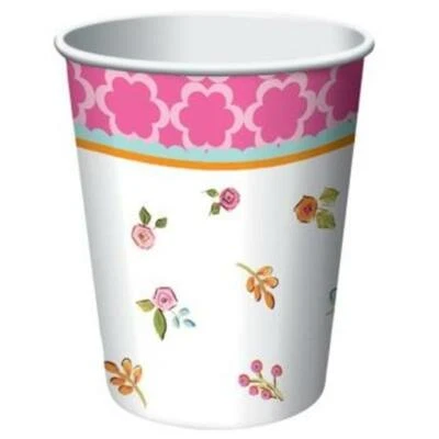 Tea Time 9 oz Hot/Cold Cups Paper 8 Pack Girls Tea Party Birthday Tableware - Image 1 of 2