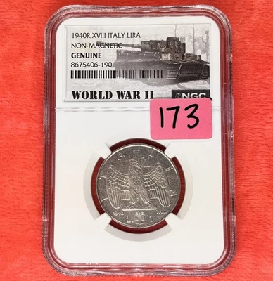 Moneda 1940R XVIII ITALIA LIRA NO MAGNÉTICA GRADO GENUINO ERA SEGUNDA GUERRA MUNDIAL LOSA NGC Foto 1 de 4