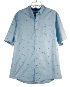 Chaps Light Blue Short Sleeve Button Down Shirt Red Fish Print Size L Easy Care - Picture 1 of 8